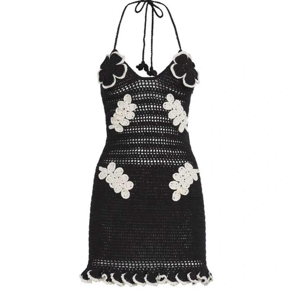 PatBI Black Crochet Halter Mini Dress with White Floral Appliqués - Picture 5 of 12